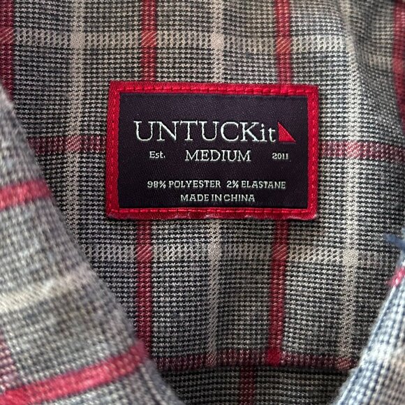 Untuckit Shirt Men's‎ Medium Gray-Red Plaid Long Sleeve Poly Blend Button Up - Picture 6 of 10